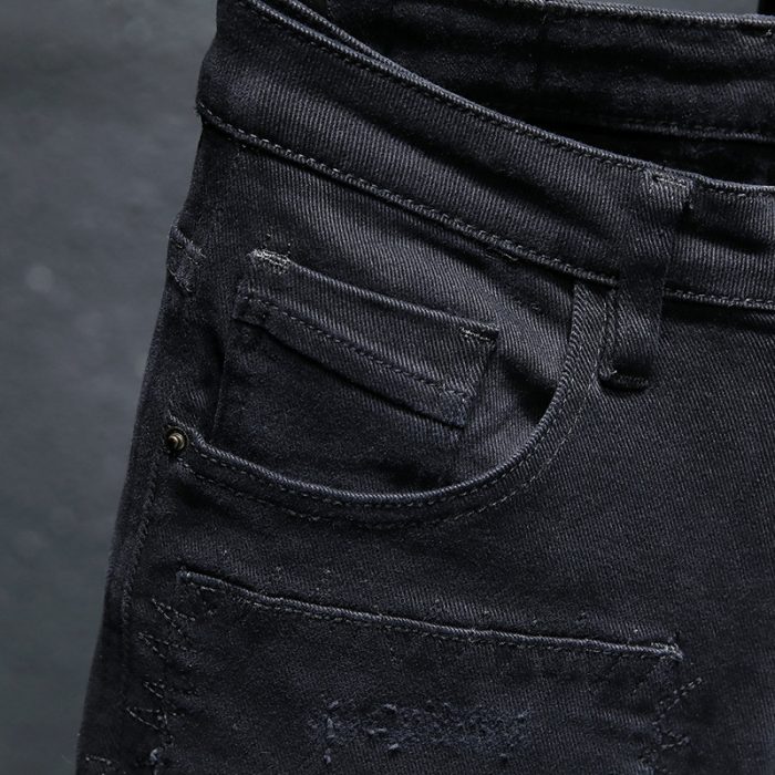 Spring And Summer New Jeans Pure Black Ripped Stretch Jeans Men Black Jeans Men - Image 3